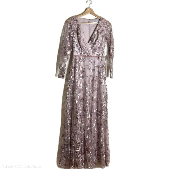 Mac Duggal EMBELLISHED V NECK ILLUSION LONG SLEEVE A LINE GOWN in rose size 4 - Picture 3 of 12